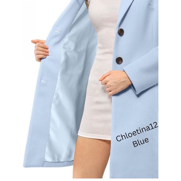 New Women Lapel Collar Long Wool Pea Coat Blue Button Down Gorgeous Coat - Picture 3 of 16